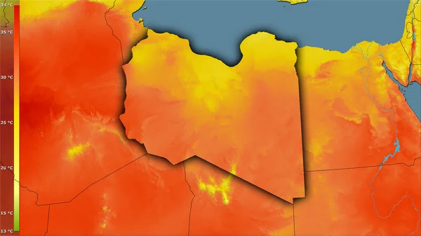 利比亚地区内带有图例的立体投影中最暖四分之一的平均温度 具有黑暗发光轮廓的光栅层的原始成分 — 图库照片