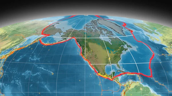 Placa Tectônica América Norte Delineada Mapa Topográfico Global Projeção Mollweide — Fotografia de Stock
