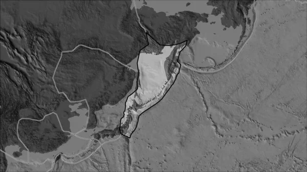 隣接する地域の砂漠化によって分離された二層の標高地図上のオホーツク地震プレートの概要 ヴァン グリンテンI予測 斜めの変換 — ストック写真
