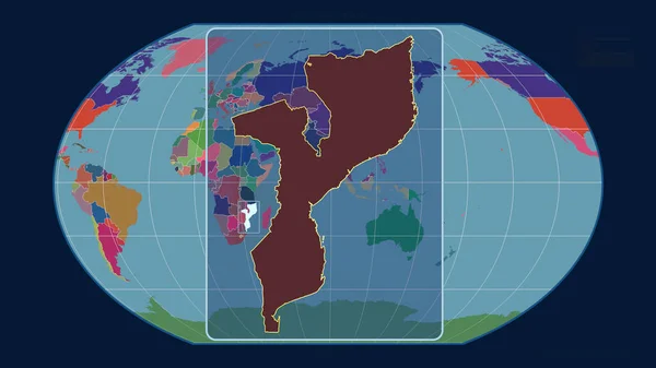 以透视线与Kavrayskiy投影中的全球地图对齐的方式放大了莫桑比克的轮廓 形体中心 行政区划的彩色地图 — 图库照片