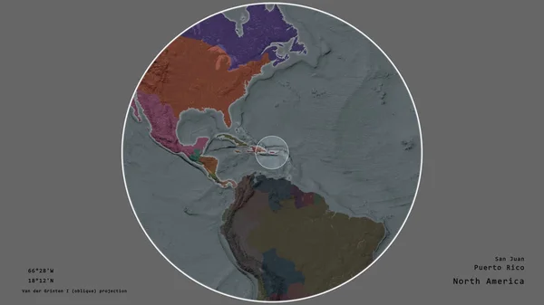 Plocha Portorika Označená Kruhem Rozsáhlé Mapě Kontinentu Izolované Odtučněném Pozadí — Stock fotografie