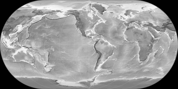 西の経度90度を中心としたオルテリウス オーバル プロジェクションの世界地図 グレースケール標高地図 グレースケールとラスターの生の複合体 3Dイラスト — ストック写真