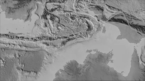東ティモールプレートに隣接する地域のグレースケールの地図上の構造プレートの境界 ヴァン グリンテンI予測 斜めの変換 — ストック写真