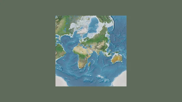 カタールの領土を中心とした斜めのヴァン グリンテン投影で世界の大規模な地図の正方形のフレーム 衛星画像 — ストック写真