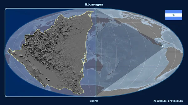 Zoomed View Nicaragua Outline Perspective Lines Global Map Mollweide Projection — Stock Photo, Image