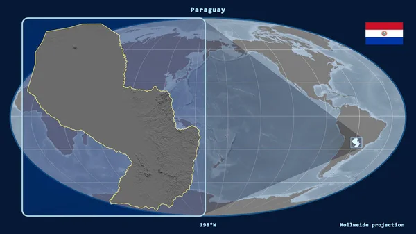 Zoomed View Paraguay Outline Perspective Lines Global Map Mollweide Projection — Stock Photo, Image