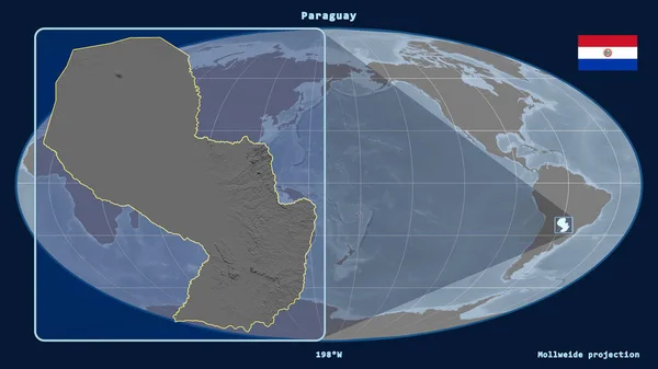 Zoomed-in view of Paraguay outline with perspective lines against a global map in the Mollweide projection. Shape on the left side. Grayscale elevation map