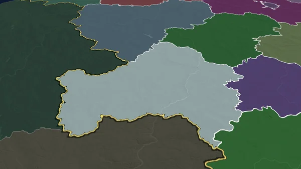 Bryansk - region of Russia zoomed and highlighted. Colored and bumped map of the administrative division. 3D rendering