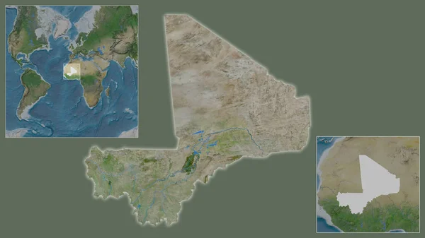 马里的近景及其在该区域的位置 以及在一个大比例尺世界地图中心的位置 卫星图像 — 图库照片