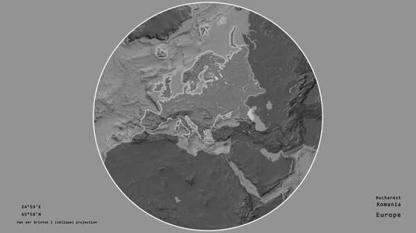 ルーマニアの地域は その大陸を取り巻く円を背景にしています 与えられた資本金の地理的条件と名前 標高マップ — ストック写真