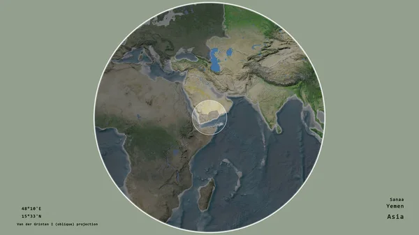 也门的一个地区 在该大陆的大比例尺地图上有一个圆圈 在绝望的背景下孤立起来 大写的地理推论和名称 卫星图像 — 图库照片