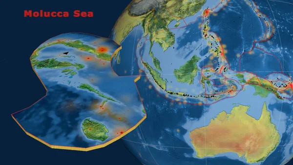 Płyta Tektoniczna Morza Molucca Opisana Wytłaczana Prezentowana Kuli Ziemskiej Mapa — Zdjęcie stockowe