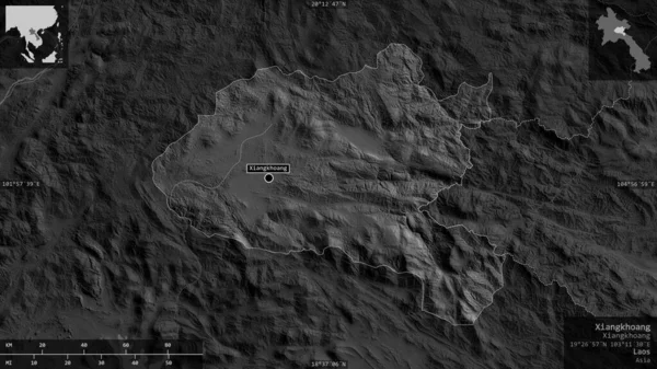 Xiangkhoang Provincia Laos Mapa Escala Grises Con Lagos Ríos Forma — Foto de Stock