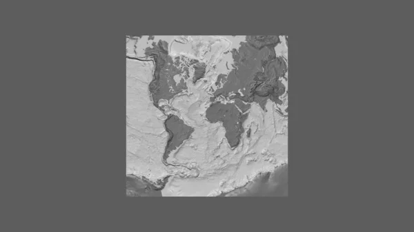 Square frame of the large-scale map of the world in an oblique Van der Grinten projection centered on the territory of Senegal. Bilevel elevation map
