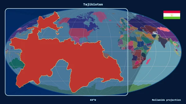 タジキスタンのアウトラインを視野に入れ モルルワイド プロジェクションの世界地図に対する遠近法線を拡大した 左側の形 行政区画のカラーマップ — ストック写真