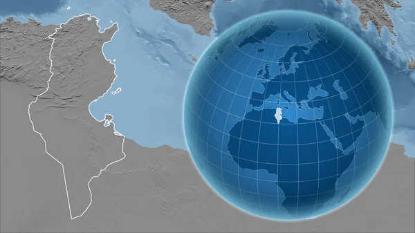 チュニジア アウトラインを持つ拡大地図に対して国の形を持つグローブ グレースケール標高図 — ストック写真
