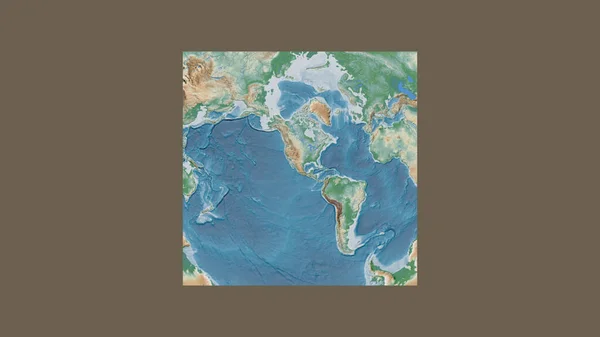 Square frame of the large-scale map of the world in an oblique Van der Grinten projection centered on the territory of Mexico. Color physical map