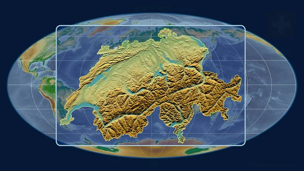 Zoomed Widok Szwajcarii Zarys Linii Perspektywy Wobec Globalnej Mapy Projekcji — Zdjęcie stockowe