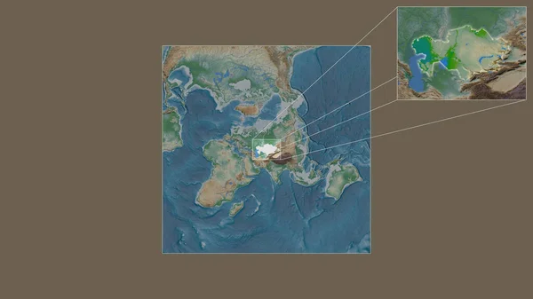 世界の大規模な地図から抽出されたカザフスタンの拡大 拡大領域と フレームの隅を結ぶ主要線 地図の色 — ストック写真