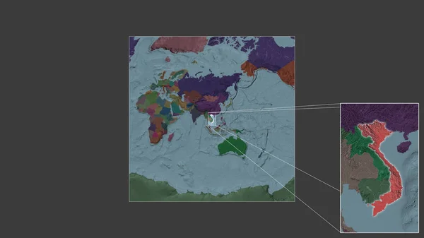 从世界大比例尺地图中提取出的越南扩大和扩大的地区 其主要线连接了框架的各个角落 行政区划的彩色地图 — 图库照片