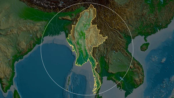 Myanmar Zoomato Cerchiato Principali Caratteristiche Del Paesaggio Fisico Rendering — Foto Stock