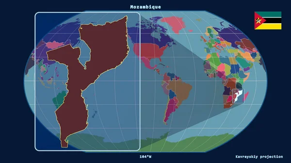 以透视线与Kavrayskiy投影中的全球地图对齐的方式放大了莫桑比克的轮廓 在左边的形状 行政区划的彩色地图 — 图库照片