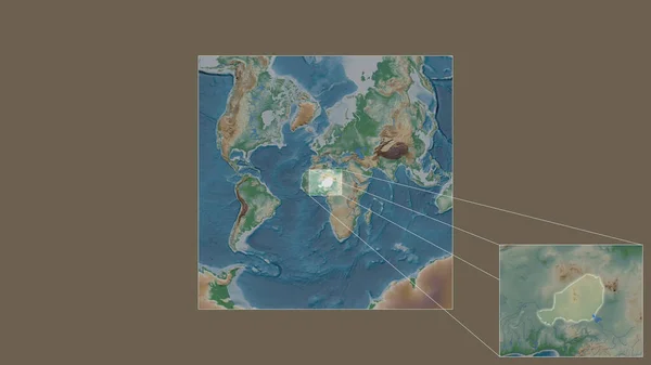 从世界大比例尺地图中提取的扩大和扩大的尼日尔地区 其主要线连接了框架的各个角落 彩色物理图 — 图库照片