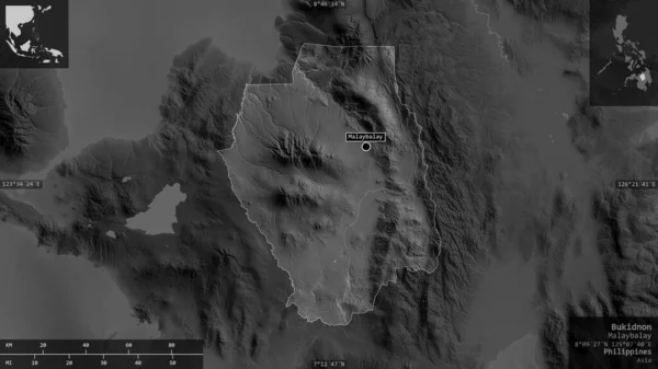 Bukidnon Prowincja Filipin Mapa Szarości Jeziorami Rzekami Kształt Przedstawiony Swoim — Zdjęcie stockowe