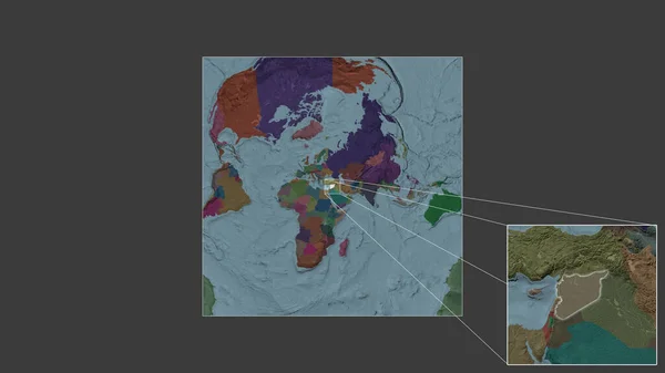 シリアの拡大拡大された地域は フレームの隅を結ぶ主要な線で世界の大規模な地図から抽出されました 行政庁のカラーマップ — ストック写真