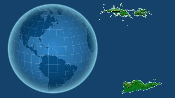 アメリカ領バージン諸島 青い背景に孤立した輪郭を持つ拡大地図に対して 国の形をした球体 色物理図 — ストック写真