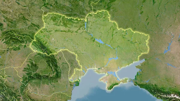 卫星C地图上立体投影中的乌克兰地区 具有发光轮廓的栅格层的原始成分 — 图库照片
