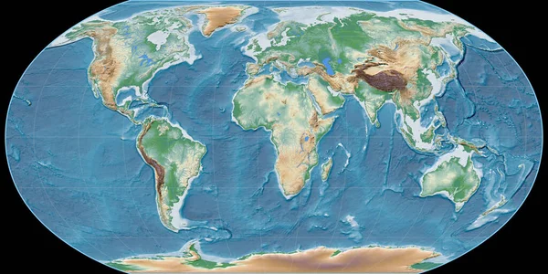 Карта Світу Проекції Робінсона Сфокусувалася Довготі Східної Довготи Кольорові Шейдери — стокове фото