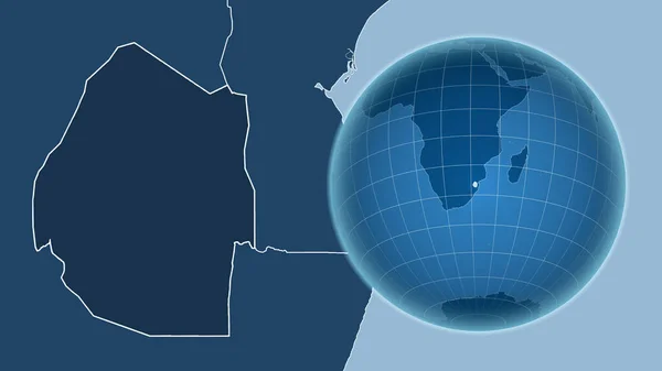 Swaziland. Globe with the shape of the country against zoomed map with its outline. shapes only - land/ocean mask