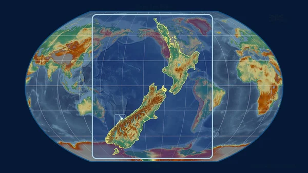 Přiblížený Pohled Nový Zéland Perspektivními Liniemi Proti Globální Mapě Projekci — Stock fotografie