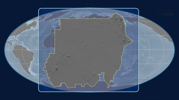 Zoomed View Sudan Outline Perspective Lines Global Map Mollweide Projection — Stock Photo, Image