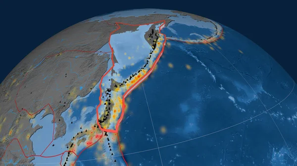 Okhotsk Tektonische Platte Extrudiert Auf Dem Globus Topographie Und Bathymetrie — Stockfoto