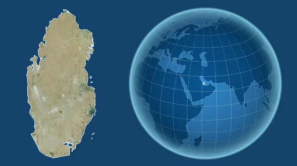 Katar Globus Mit Der Form Des Landes Gegen Gezoomte Landkarte — Stockfoto