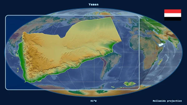 Zoomed-in view of Yemen outline with perspective lines against a global map in the Mollweide projection. Shape on the left side. color physical map