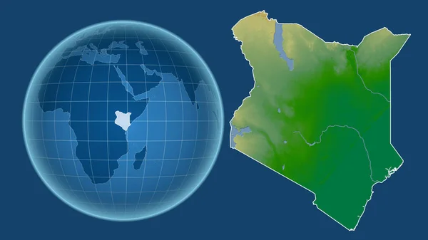 ケニア 青い背景に孤立した輪郭を持つ拡大地図に対して 国の形をした球体 色物理図 — ストック写真