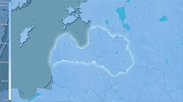 拉脱维亚地区内立体图投影中最温暖的四分之一的降水量 具有明亮轮廓的栅格层的原始成分 — 图库照片