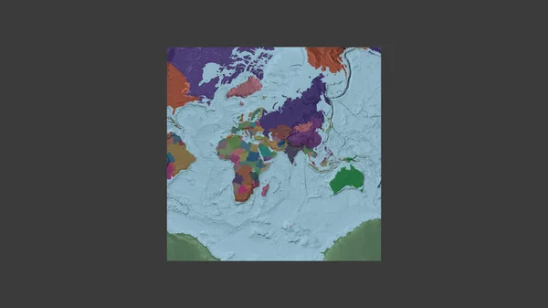 オマーンの領土を中心に斜めのヴァン グリンテン投影で世界の大規模な地図の正方形のフレーム 行政庁のカラーマップ — ストック写真