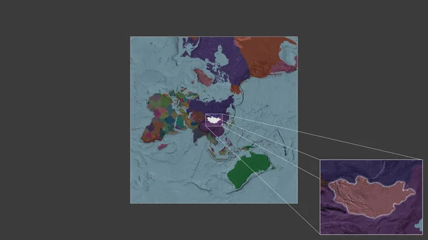 从世界大比例尺地图中提取出的蒙古扩大和扩大的区域 其主要线连接了框架的各个角落 行政区划的彩色地图 — 图库照片