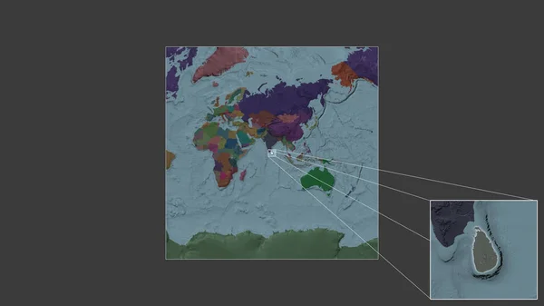 从世界大比例尺地图中提取出的斯里兰卡扩大和扩大的地区 其主要线连接了框架的各个角落 行政区划的彩色地图 — 图库照片