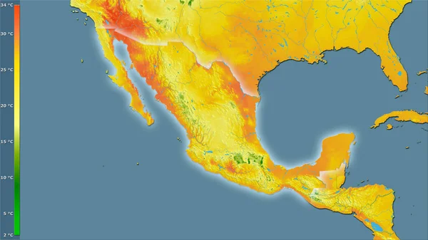 凡例付きの立体投影でメキシコエリア内で最も暖かい四半期の平均気温 光輝く輪郭を持つラスター層の生の組成 — ストック写真
