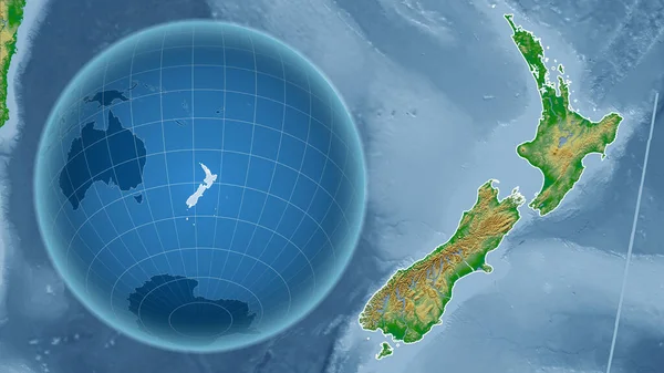 Nuova Zelanda Globo Con Forma Del Paese Contro Mappa Ingrandita — Foto Stock
