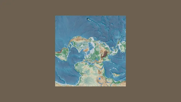 大比例尺世界地图的正方形框架 呈倾斜的范德格林登投影 以斯瓦尔巴领土为中心 彩色物理图 — 图库照片