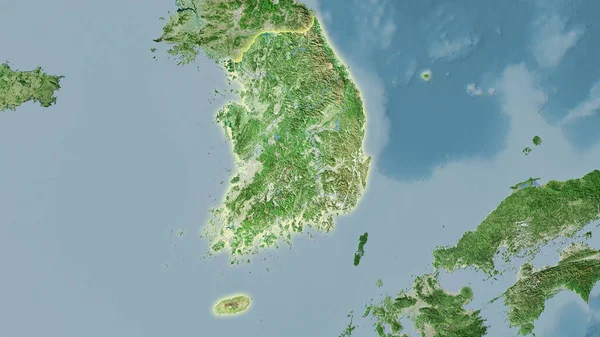 衛星Dマップ上の韓国エリアの立体投影 光輝くアウトラインとラスター層の生の組成 — ストック写真
