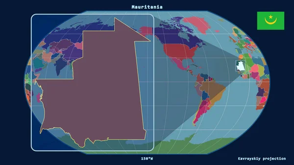 モーリタニアのアウトラインを視野に入れ 世界地図に対する視点線をカヴァライスキー投影で拡大した 左側の形 行政区画のカラーマップ — ストック写真