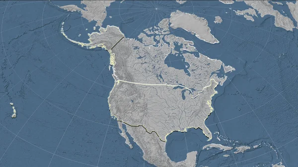 美国及其邻国 远斜透视 轮廓轮廓 灰度高程图 — 图库照片
