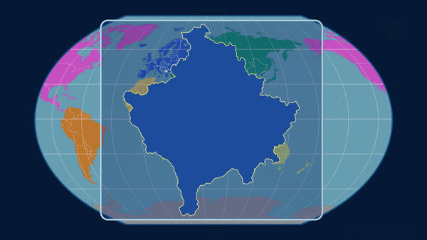 Zoomed-in view of Kosovo outline with perspective lines against a global map in the Kavrayskiy projection. Shape centered. color map of continents